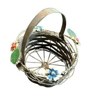 Mini Metal Basket with Floral Details and vintage wear - some patina & bending